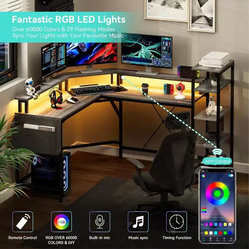 Scrivania ad angolo a L da 62" con prese di corrente, luci LED, supporto per monitor e ripiani portaoggetti, scrivania ergonomica per ufficio domestico