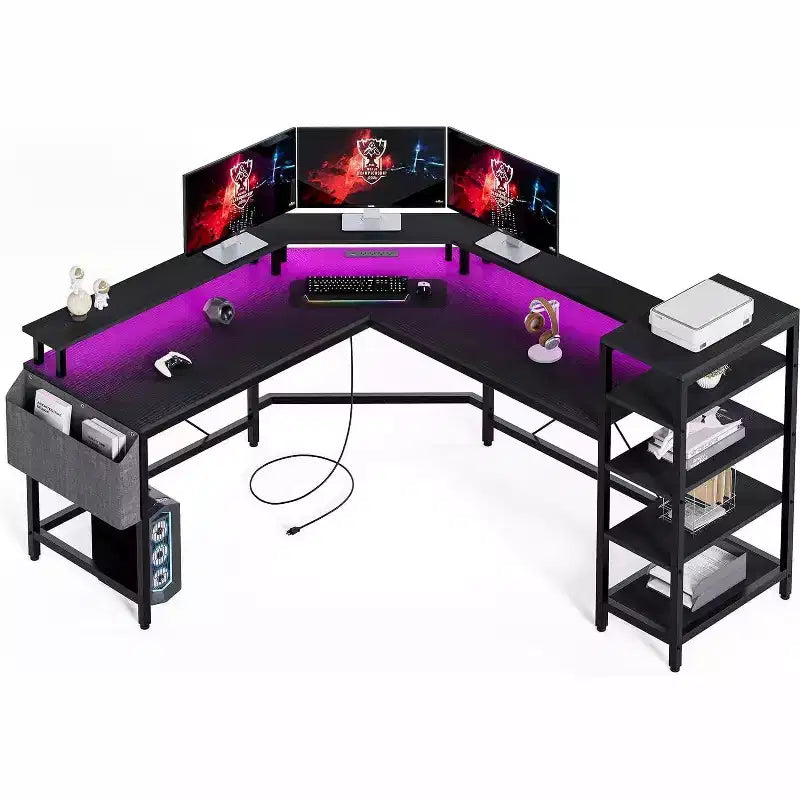 Scrivania ad angolo a L da 62" con prese di corrente, luci LED, supporto per monitor e ripiani portaoggetti, scrivania ergonomica per ufficio domestico