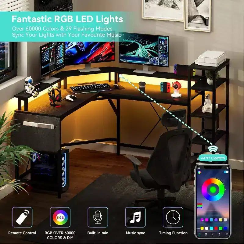 Scrivania ad angolo a L da 62" con prese di corrente, luci LED, supporto per monitor e ripiani portaoggetti, scrivania ergonomica per ufficio domestico