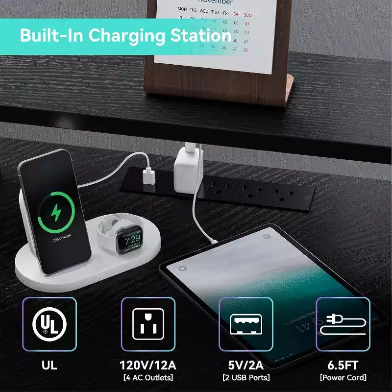 Scrivania ad angolo a L da 62" con prese di corrente, luci LED, supporto per monitor e ripiani portaoggetti, scrivania ergonomica per ufficio domestico
