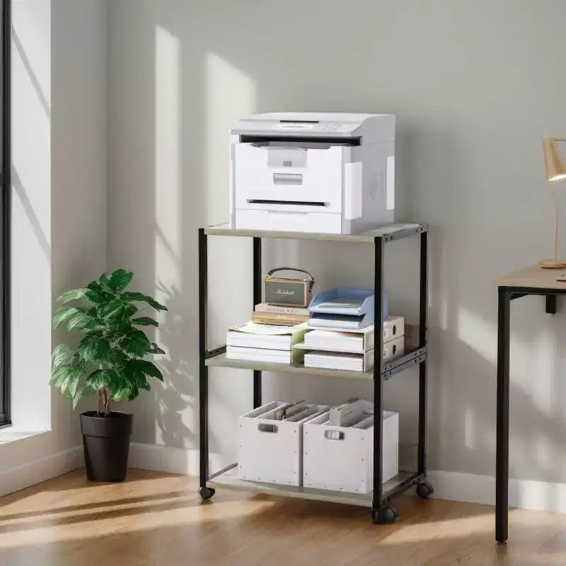 Carrello porta stampante a 3 livelli, in truciolato P2, grigio lavato, combo A+B, 40x30x65 cm