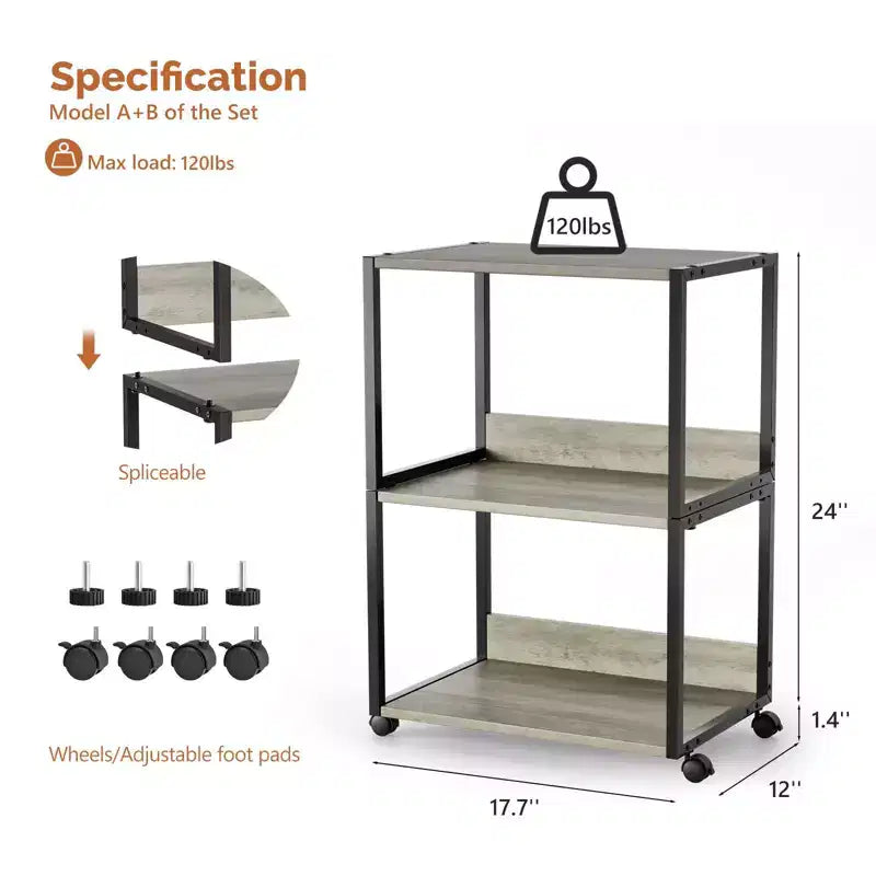 Carrello porta stampante a 3 livelli, in truciolato P2, grigio lavato, combo A+B, 40x30x65 cm
