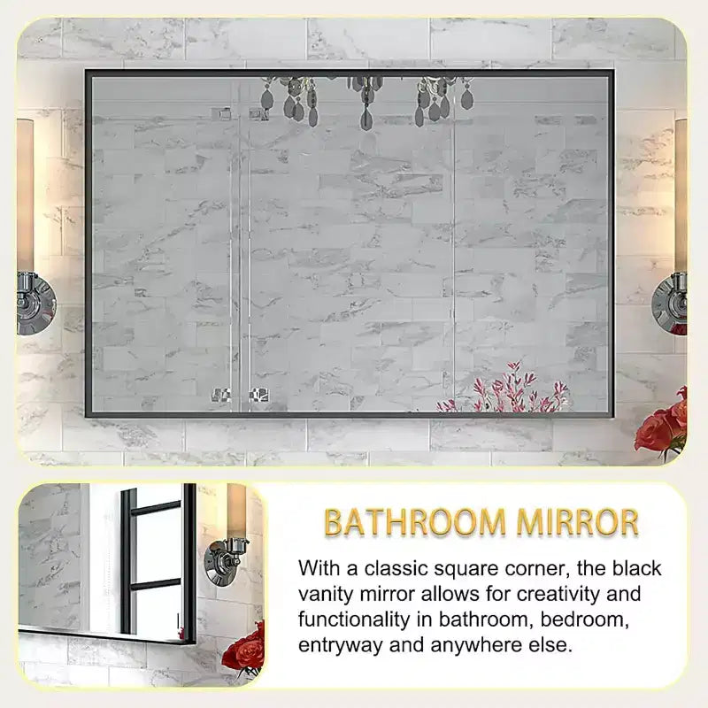 Specchio da Bagno 40x30 pollici, Moderno Rettangolare a Parete con Angoli Quadri, Specchio da Toeletta con Cornice in Metallo per Soggiorno e Ingressi 40x30 pollici