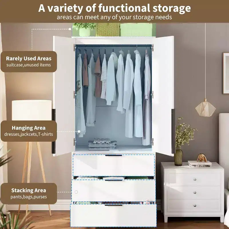Armadio Guardaroba in Rattan con 3 Cassetti e 2 Ante, Armadio Alto in Legno per Abiti Appesi, Mobile Contenitore da Camera da Letto