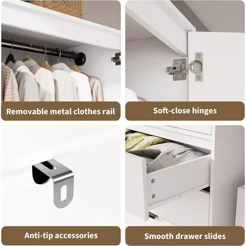 Armadio Guardaroba in Rattan con 3 Cassetti e 2 Ante, Armadio Alto in Legno per Abiti Appesi, Mobile Contenitore da Camera da Letto