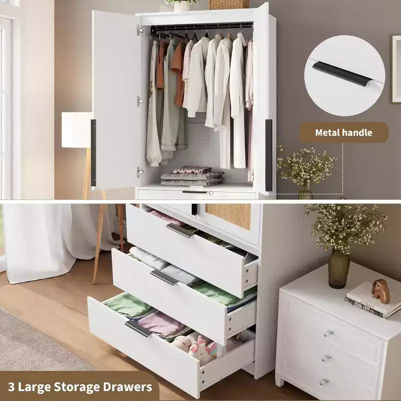 Armadio Guardaroba in Rattan con 3 Cassetti e 2 Ante, Armadio Alto in Legno per Abiti Appesi, Mobile Contenitore da Camera da Letto