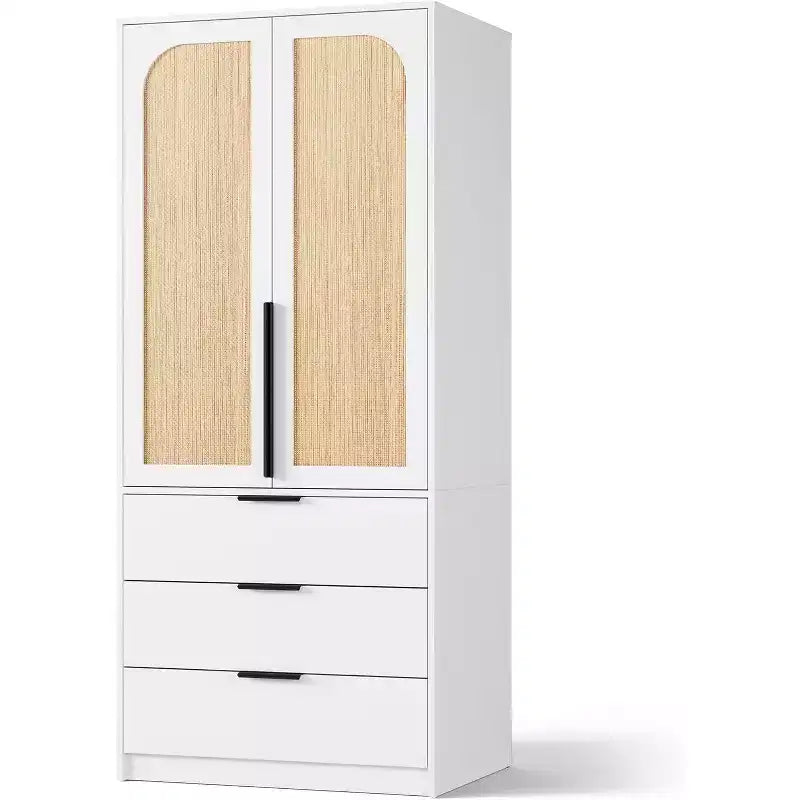 Armadio Guardaroba in Rattan con 3 Cassetti e 2 Ante, Armadio Alto in Legno per Abiti Appesi, Mobile Contenitore da Camera da Letto