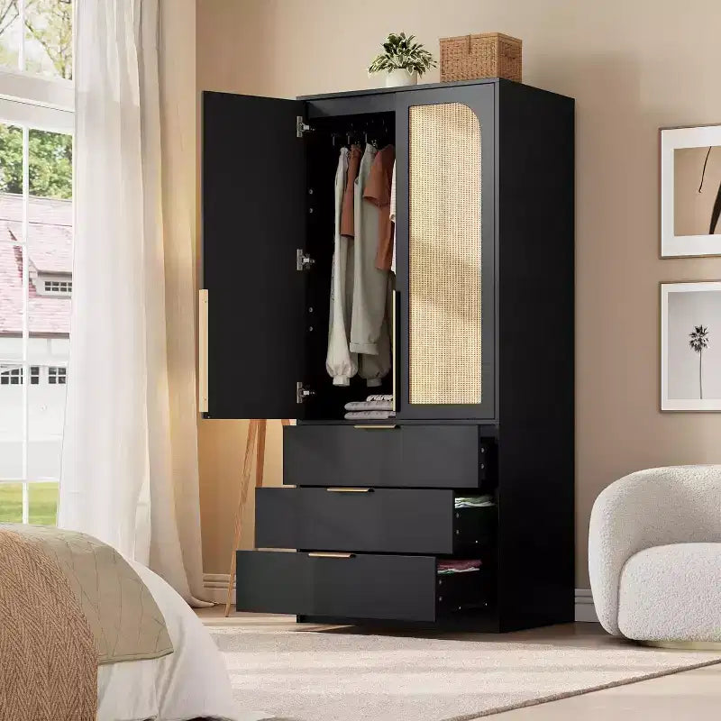 Armadio Guardaroba in Rattan con 3 Cassetti e 2 Ante, Armadio Alto in Legno per Abiti Appesi, Mobile Contenitore da Camera da Letto