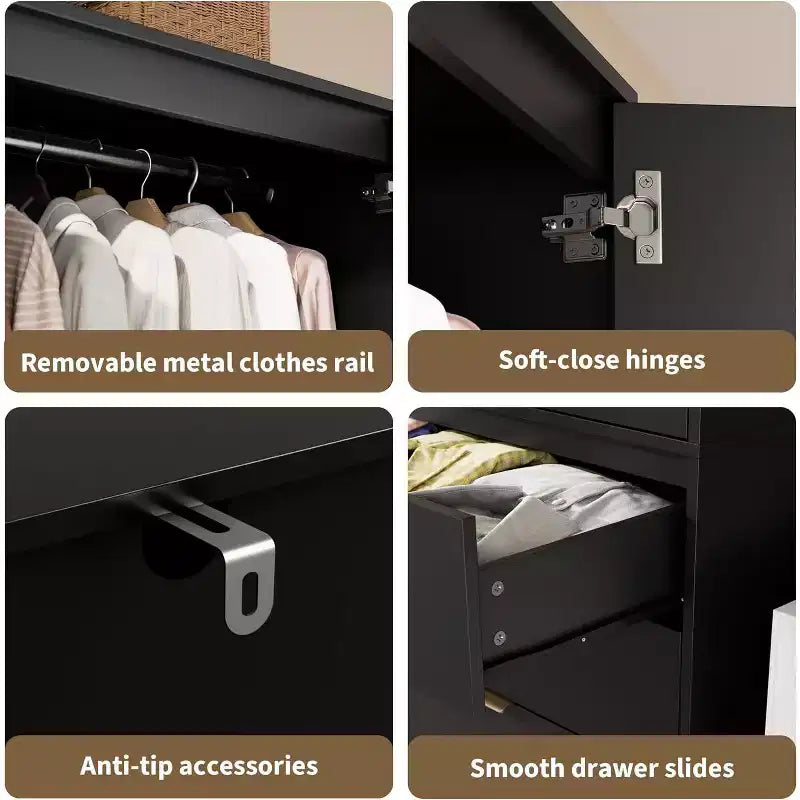 Armadio Guardaroba in Rattan con 3 Cassetti e 2 Ante, Armadio Alto in Legno per Abiti Appesi, Mobile Contenitore da Camera da Letto