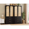 Rattan Armoire Wardrobe Closet with 3 Drawers & 2 Doors, Tall Wooden Wardrobe for Hanging Clothes, Bedroom Storage Cabinet
