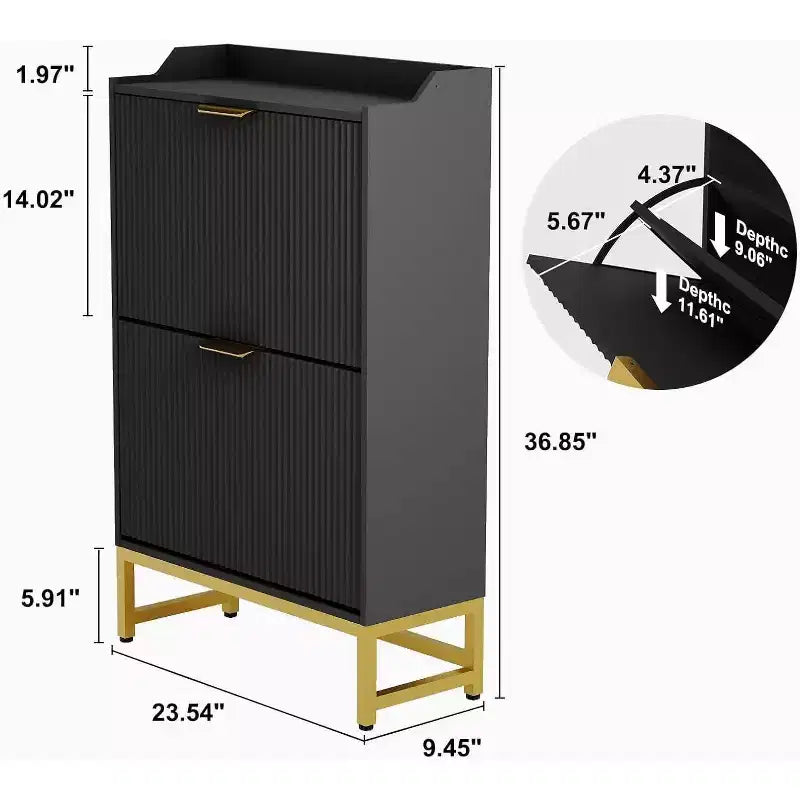 Scarpiera scanalata, Organizer sottile a 2 ante a ribalta con motivo a onde e maniglie dorate, Scaffale portaoggetti da ingresso