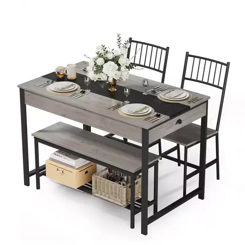 Set tavolo da pranzo per 4 persone, tavolino da cucina e 2 sedie per 4 con panca, set tavolo da cucina salvaspazio con ripiano portaoggetti e cassetti
