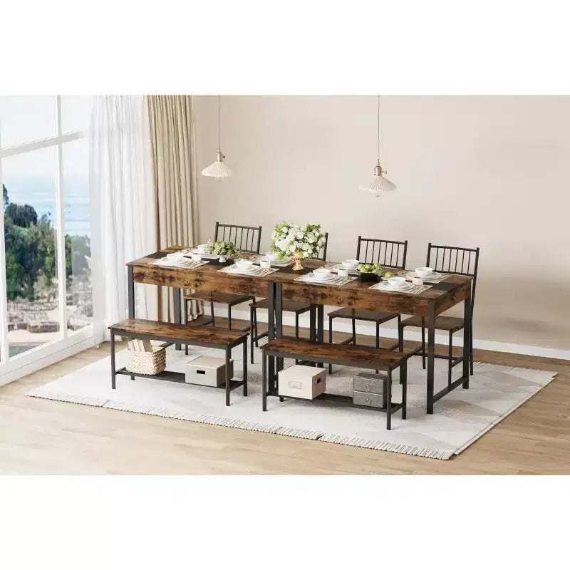 Set tavolo da pranzo per 4 persone, tavolino da cucina e 2 sedie per 4 con panca, set tavolo da cucina salvaspazio con ripiano portaoggetti e cassetti