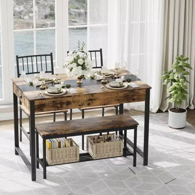 Set tavolo da pranzo per 4 persone, tavolino da cucina e 2 sedie per 4 con panca, set tavolo da cucina salvaspazio con ripiano portaoggetti e cassetti