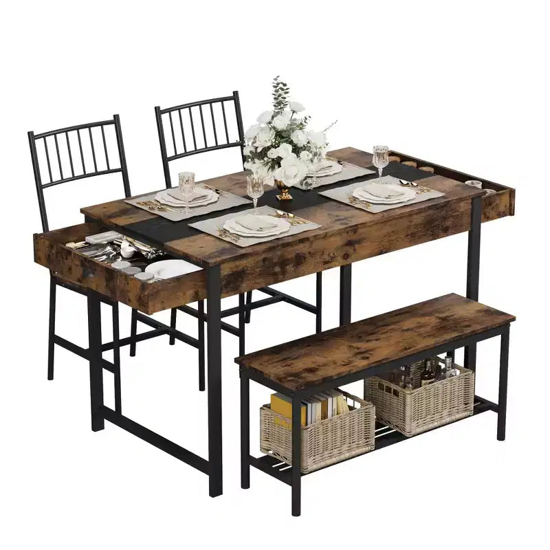 Set tavolo da pranzo per 4 persone, tavolino da cucina e 2 sedie per 4 con panca, set tavolo da cucina salvaspazio con ripiano portaoggetti e cassetti