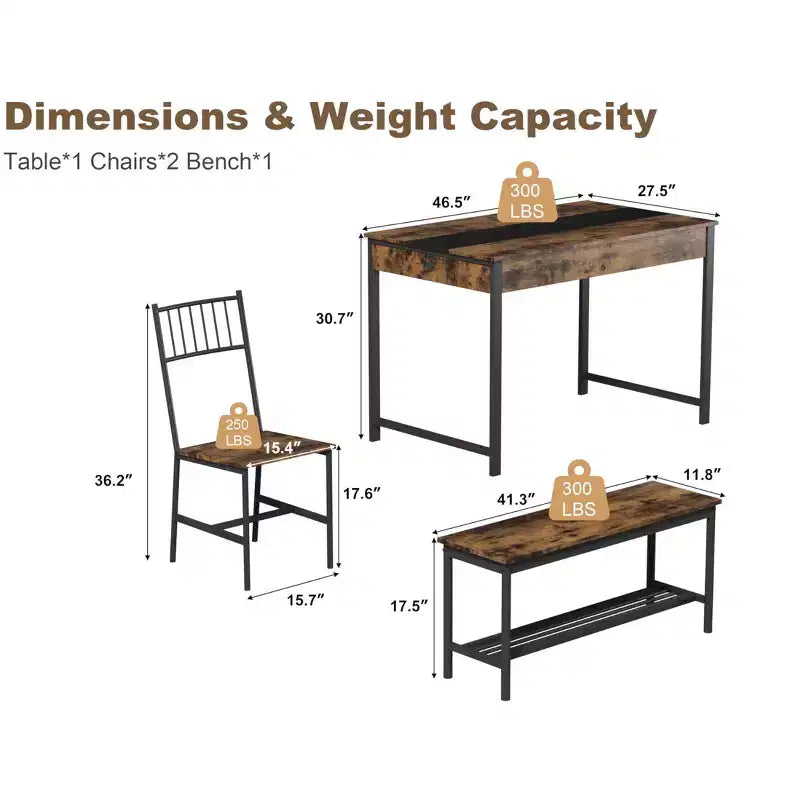 Set tavolo da pranzo per 4 persone, tavolino da cucina e 2 sedie per 4 con panca, set tavolo da cucina salvaspazio con ripiano portaoggetti e cassetti