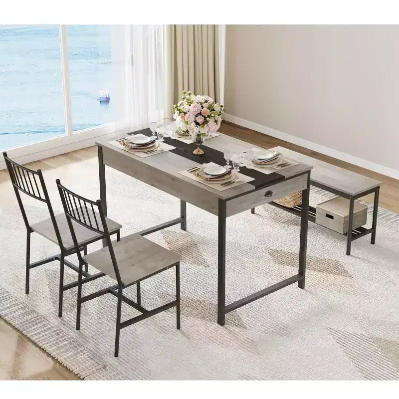 Set tavolo da pranzo per 4 persone, tavolino da cucina e 2 sedie per 4 con panca, set tavolo da cucina salvaspazio con ripiano portaoggetti e cassetti