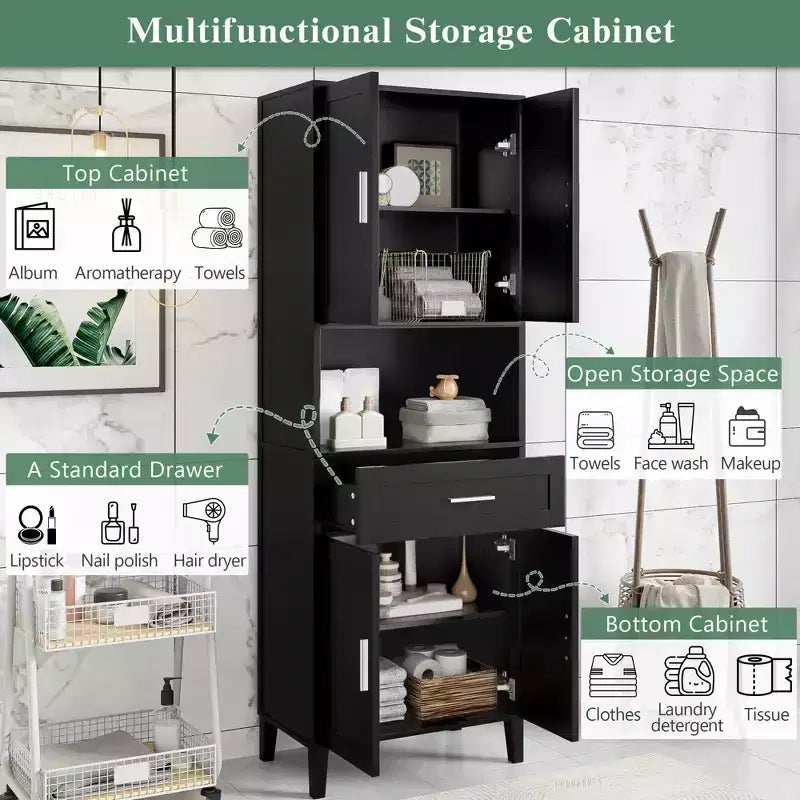 Mobiletto da bagno alto autoportante con ante e cassetti/ripiani, unità mobile contenitore da pavimento per bagno, cucina