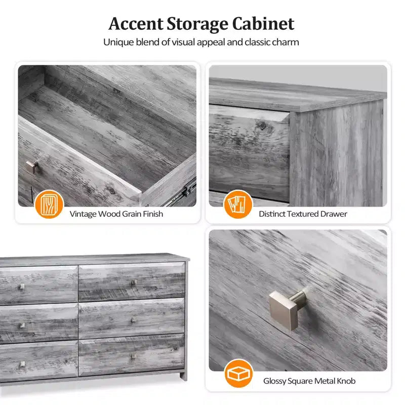 Cassettiera a 6 cassetti in MDF (Medium-Density Fiberboard) grigio, 137 cm L