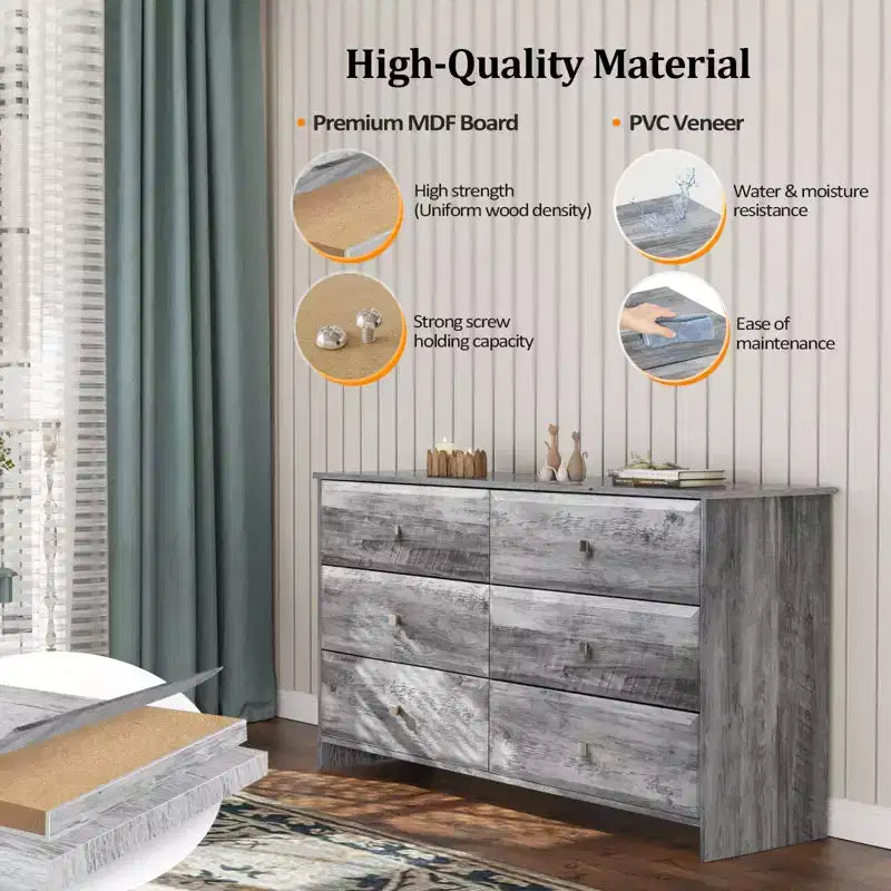 Cassettiera a 6 cassetti in MDF (Medium-Density Fiberboard) grigio, 137 cm L