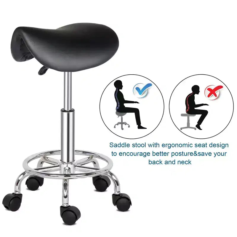 Sgabello a sella nero regolabile in altezza, sgabello da bar con ruote, sedia da salone, per uso in officina e ufficio a casa