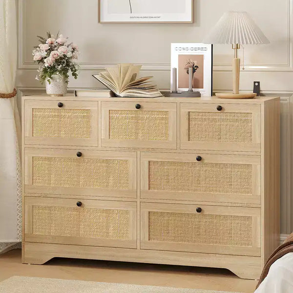 Cassettiera in Rattan Naturale a 7 Cassetti per Camera da Letto, Comò in Legno Stile Fattoria per Soggiorno, Ingresso, Corridoio, Quercia