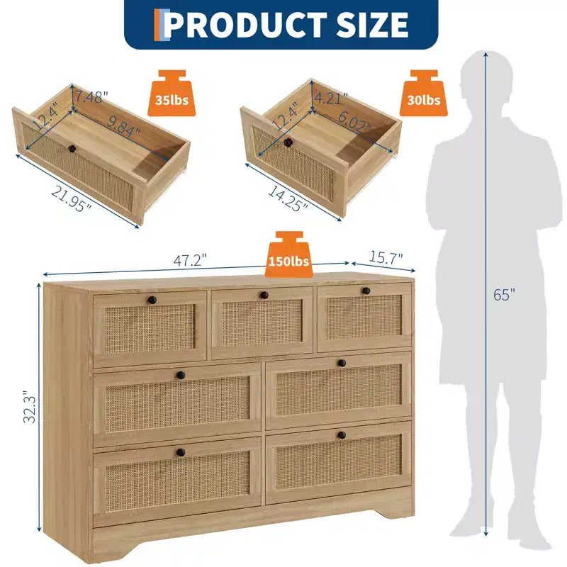 Cassettiera in Rattan Naturale a 7 Cassetti per Camera da Letto, Comò in Legno Stile Fattoria per Soggiorno, Ingresso, Corridoio, Quercia