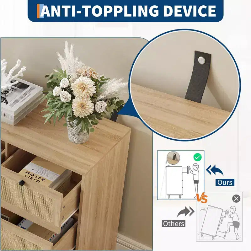 Cassettiera in Rattan Naturale a 7 Cassetti per Camera da Letto, Comò in Legno Stile Fattoria per Soggiorno, Ingresso, Corridoio, Quercia