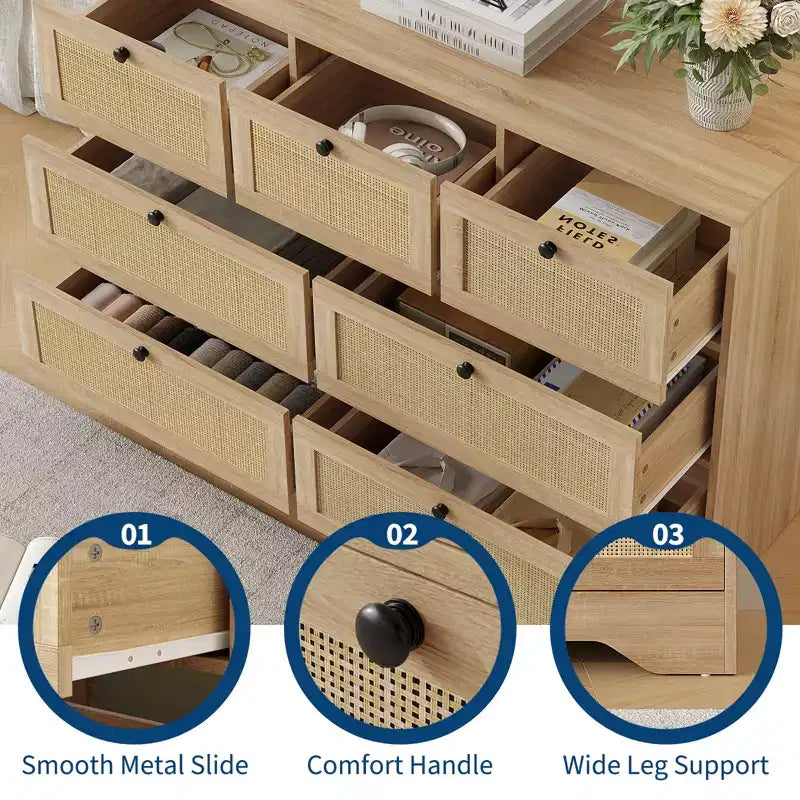 Cassettiera in Rattan Naturale a 7 Cassetti per Camera da Letto, Comò in Legno Stile Fattoria per Soggiorno, Ingresso, Corridoio, Quercia