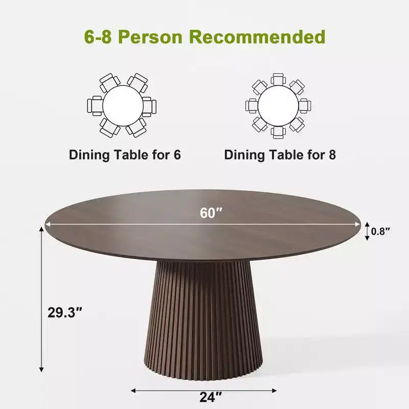 Tavolo da pranzo rotondo da 60 pollici per 6 persone, tavolo moderno con base a piedistallo scanalato e piano in MDF in legno, per spazi piccoli, cucina, sala da pranzo, caffè, noce