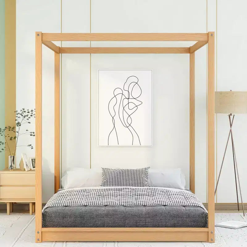 Letto a Baldacchino in Legno 4 Poster Beds con Pannelli, Struttura Letto Bassa con Doghe in Legno Massello