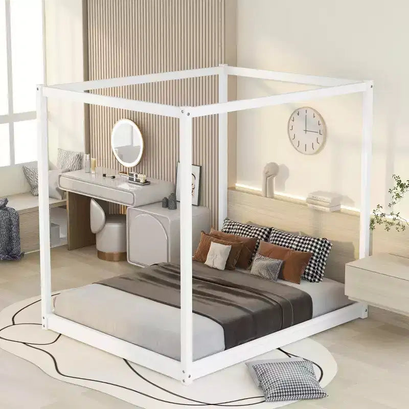 Letto a Baldacchino in Legno 4 Poster Beds con Pannelli, Struttura Letto Bassa con Doghe in Legno Massello
