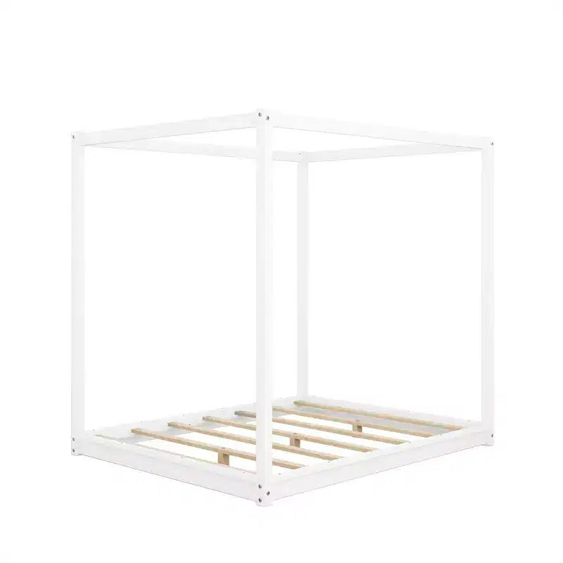 Letto a Baldacchino in Legno 4 Poster Beds con Pannelli, Struttura Letto Bassa con Doghe in Legno Massello