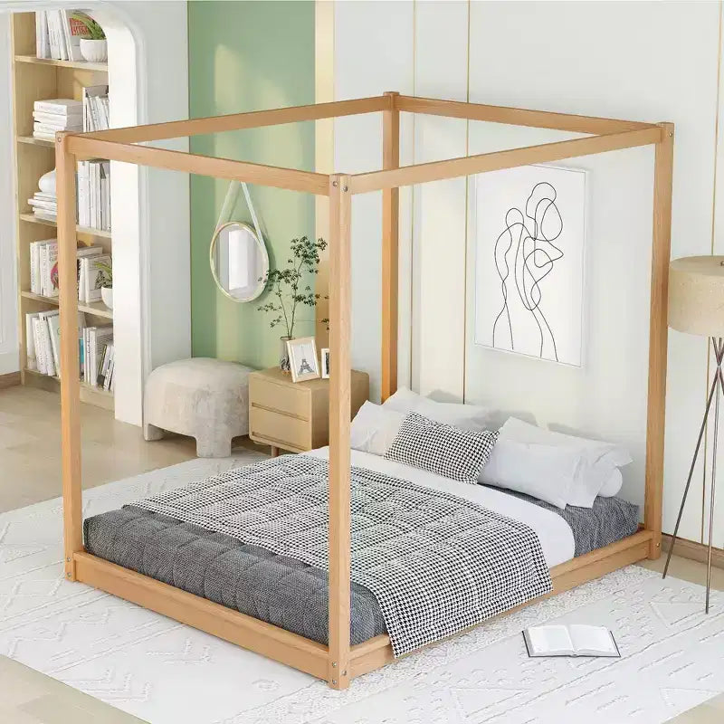 Letto a Baldacchino in Legno 4 Poster Beds con Pannelli, Struttura Letto Bassa con Doghe in Legno Massello