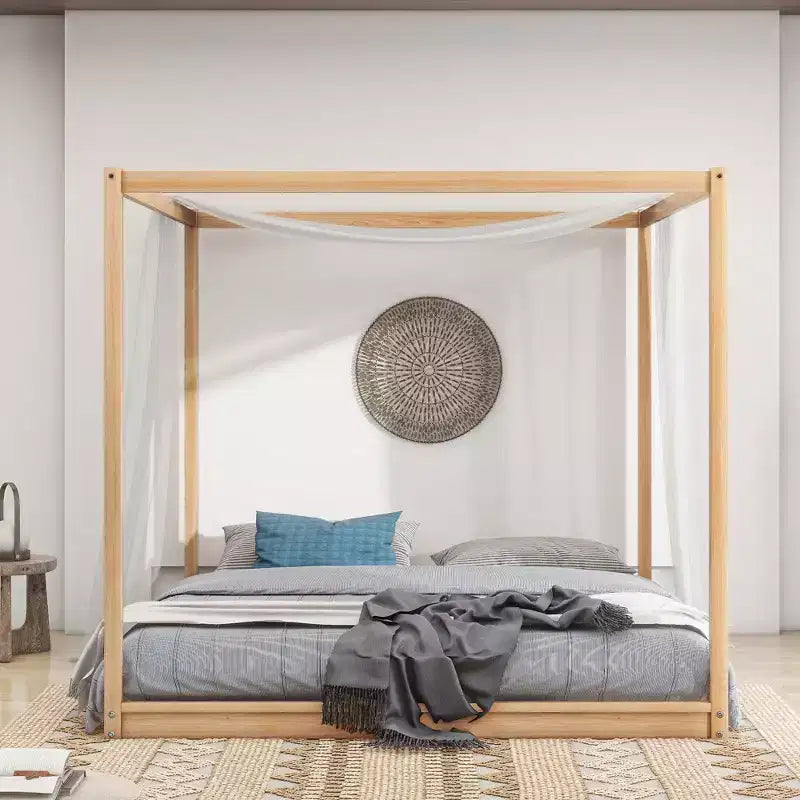 Letto a Baldacchino in Legno 4 Poster Beds con Pannelli, Struttura Letto Bassa con Doghe in Legno Massello