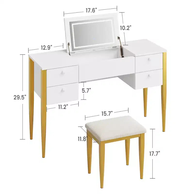 Piccola toeletta con specchio LED, Set tavolo trucco con ribalta e cassetti per camera da letto