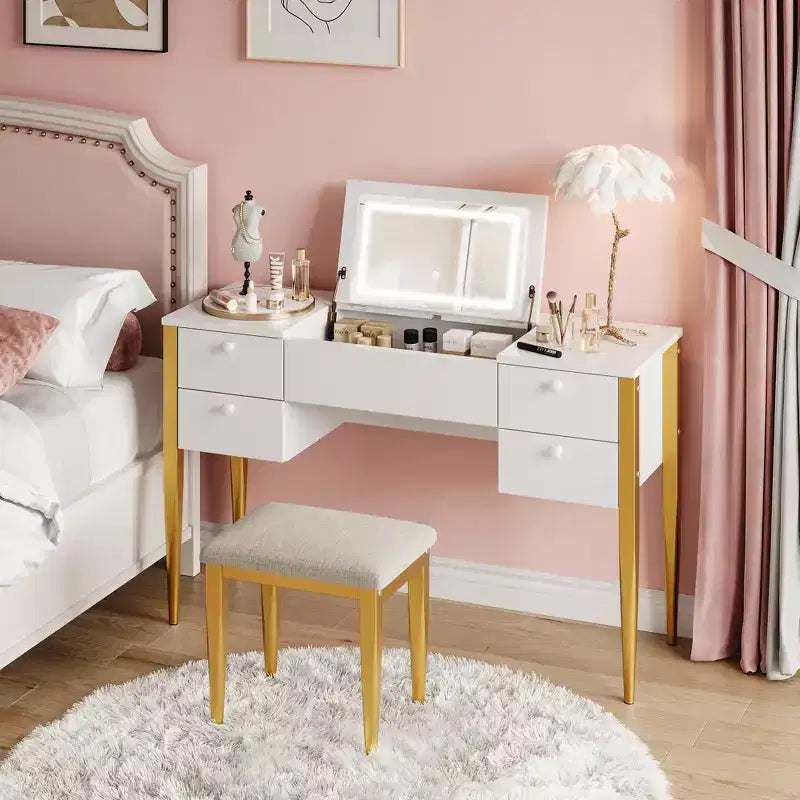 Piccola toeletta con specchio LED, Set tavolo trucco con ribalta e cassetti per camera da letto