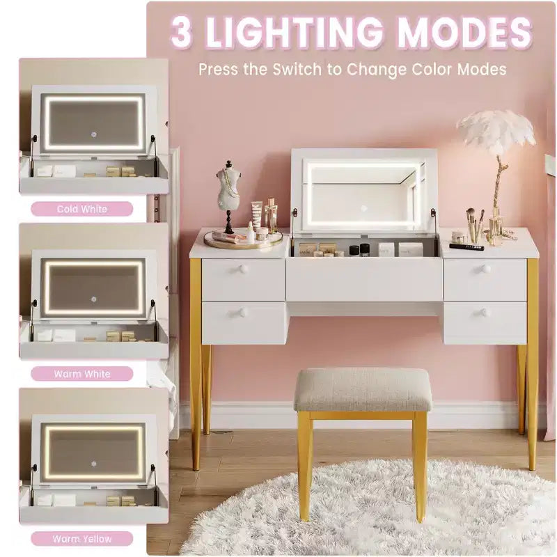 Piccola toeletta con specchio LED, Set tavolo trucco con ribalta e cassetti per camera da letto