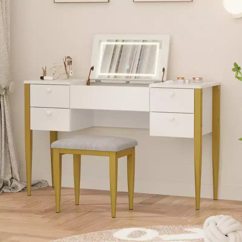 Piccola toeletta con specchio LED, Set tavolo trucco con ribalta e cassetti per camera da letto