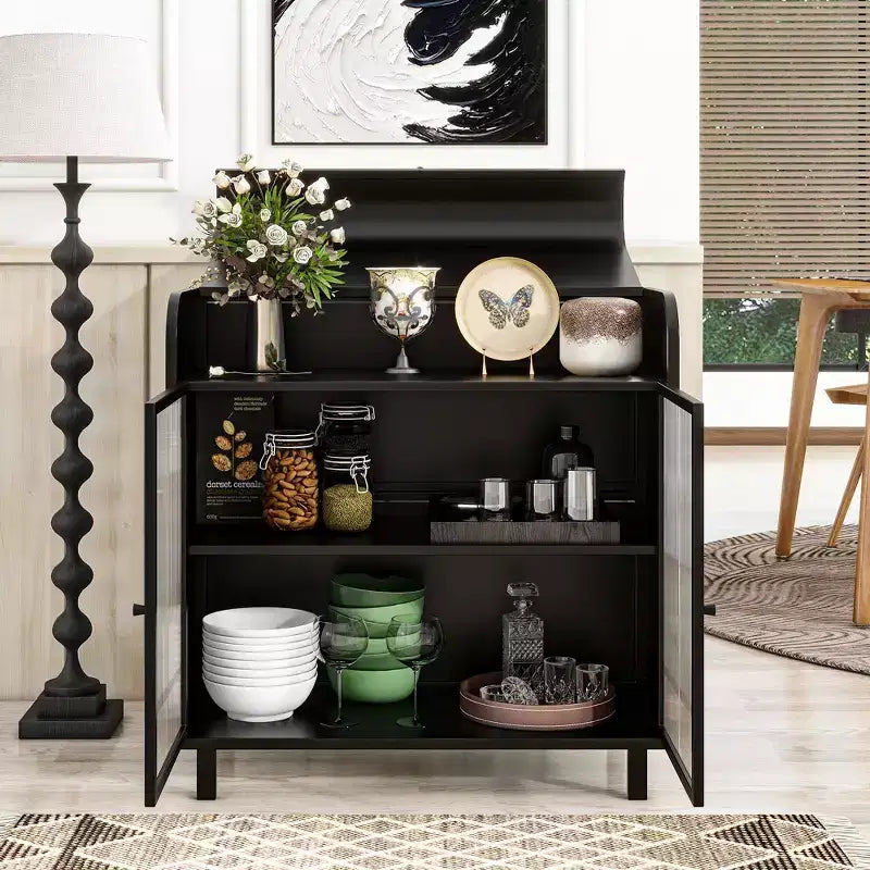 GDFStudio Leah Credenza a buffet moderna da 31,49'' con 2 ante in vetro temperato e 1 ripiano a ribalta