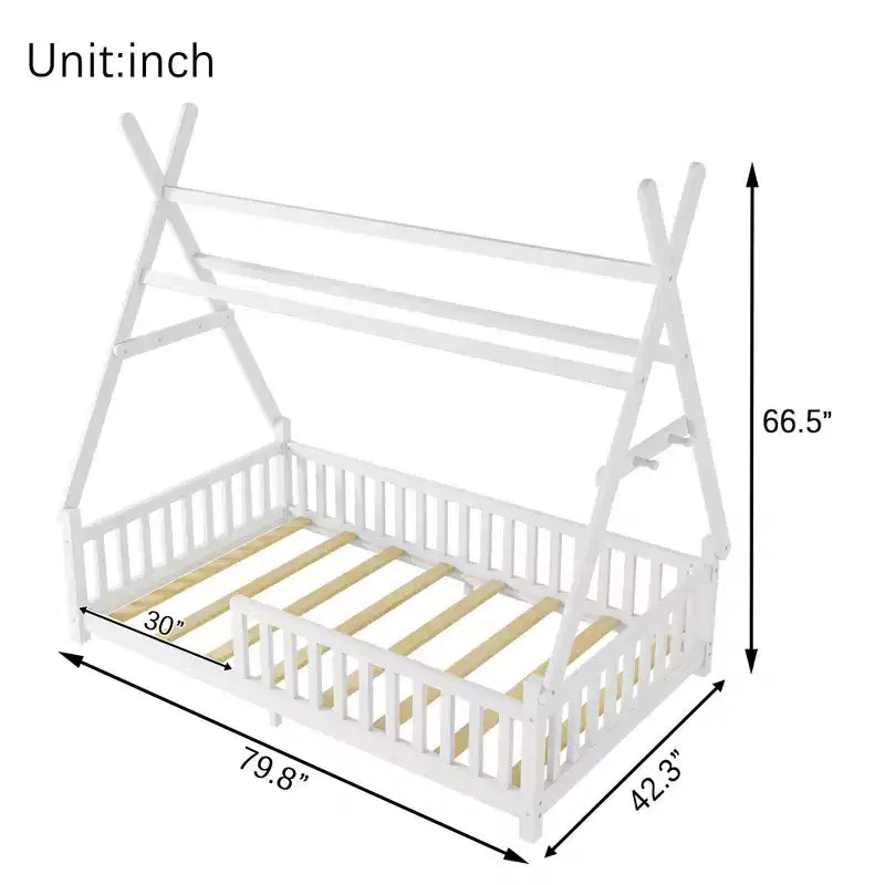 Struttura letto a pavimento a forma di casa con tetto, dimensioni Twin/Full, con recinzione e luci decorative, letto moderno per studenti per camera da letto, camera dei bambini, stanze dei giochi