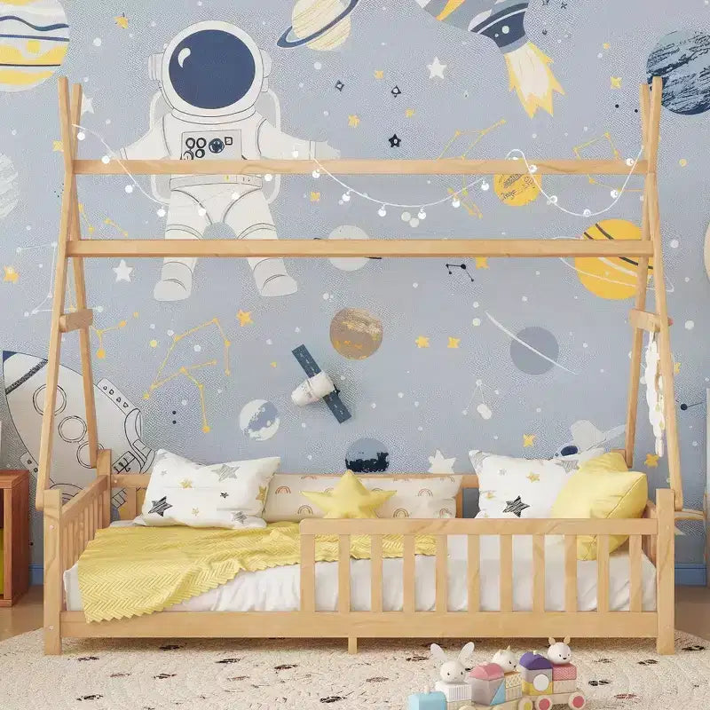 Struttura letto a pavimento a forma di casa con tetto, dimensioni Twin/Full, con recinzione e luci decorative, letto moderno per studenti per camera da letto, camera dei bambini, stanze dei giochi