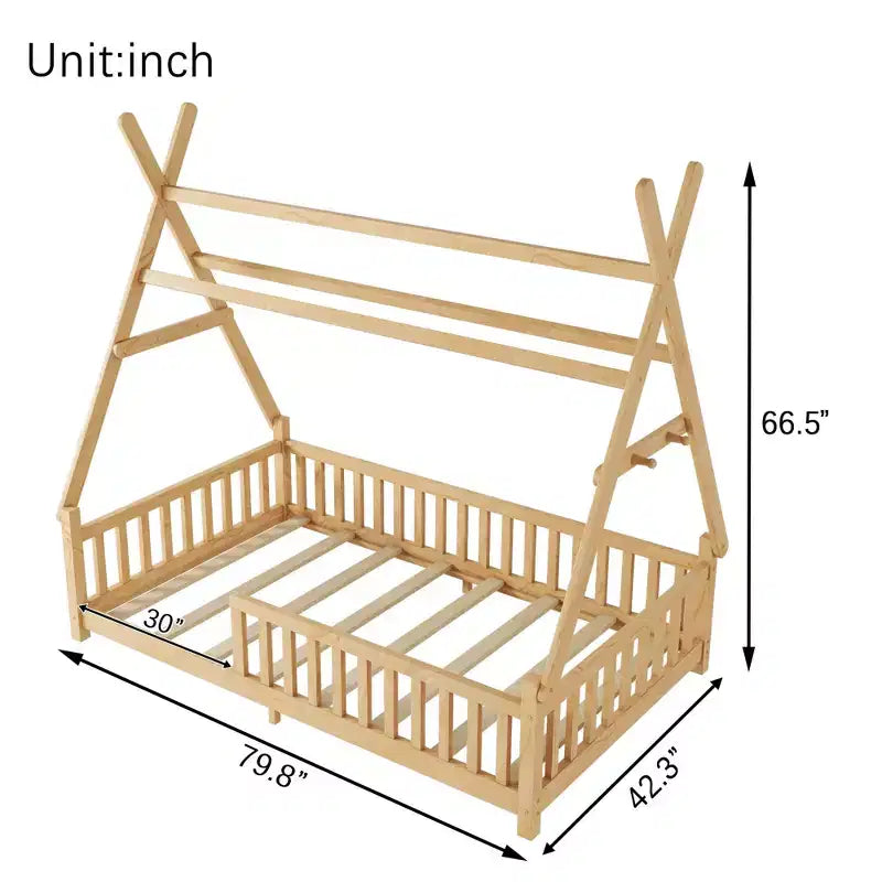 Struttura letto a pavimento a forma di casa con tetto, dimensioni Twin/Full, con recinzione e luci decorative, letto moderno per studenti per camera da letto, camera dei bambini, stanze dei giochi