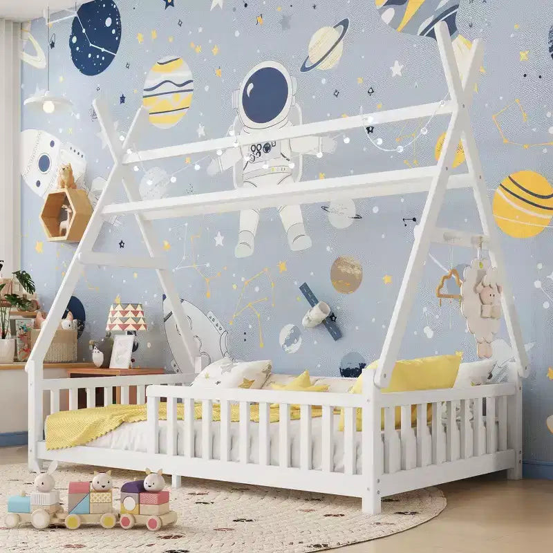 Struttura letto a pavimento a forma di casa con tetto, dimensioni Twin/Full, con recinzione e luci decorative, letto moderno per studenti per camera da letto, camera dei bambini, stanze dei giochi