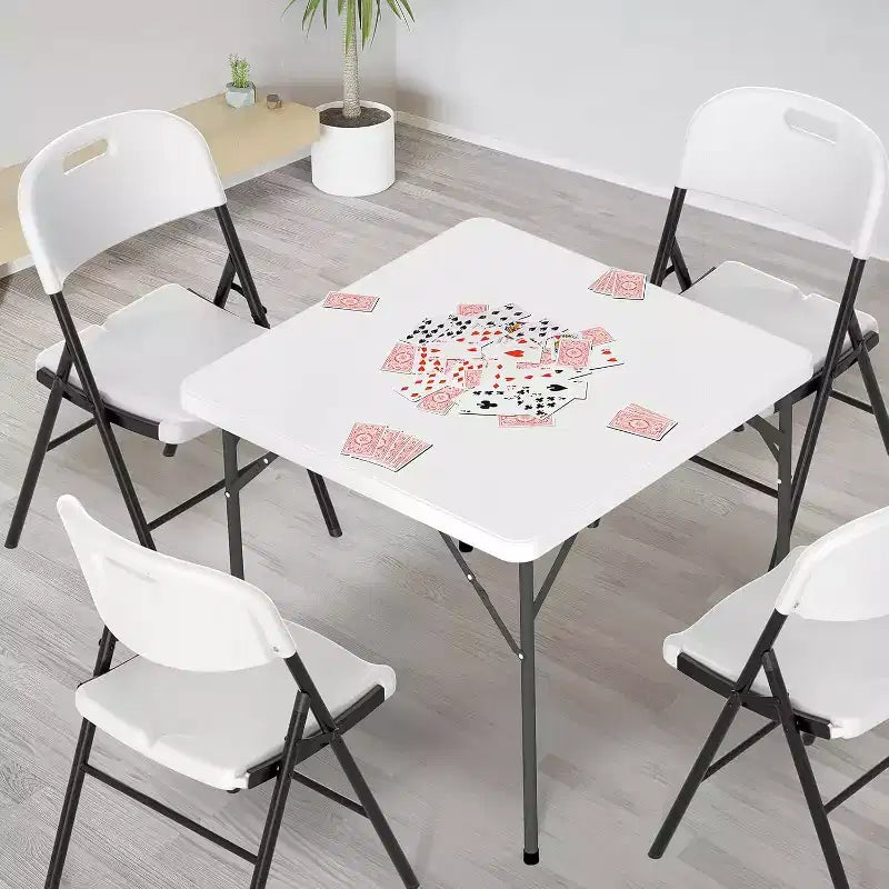 Tavolo quadrato con piano bianco, 34 pollici, gambe pieghevoli a tutta lunghezza, facile da montare e riporre, pieghevole e portatile per interni ed esterni