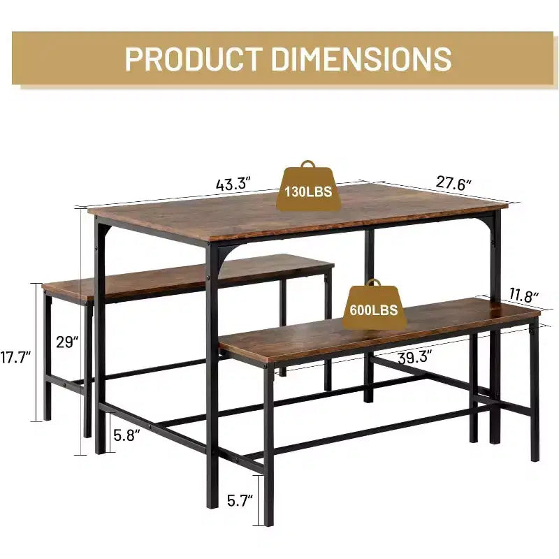 FurnitureR Set Tavolo da Pranzo 3 Pezzi con 2 Panche, Set Salvaspazio per Cucina e Sala da Pranzo per Casa o Ristorante, Struttura in Metallo e Piano in MDF, Marrone