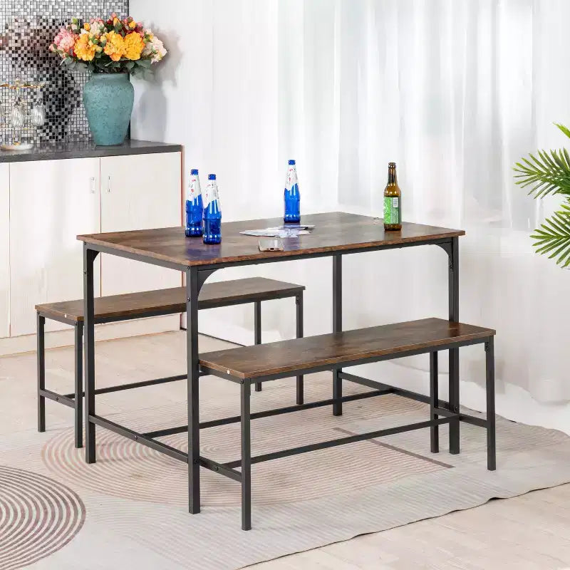 FurnitureR Set Tavolo da Pranzo 3 Pezzi con 2 Panche, Set Salvaspazio per Cucina e Sala da Pranzo per Casa o Ristorante, Struttura in Metallo e Piano in MDF, Marrone