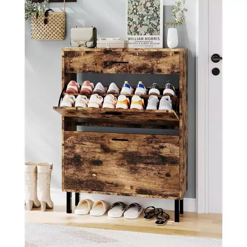 Scarpiera per Ingresso, Organizzatore di Scarpe Indipendente con 2 Cassetti a Ribalta, Contenitore per Scarpe Nascosto