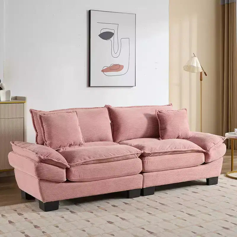 Divanetto in velluto a coste, divano confortevole con seduta profonda e cuscini, per camera da letto, soggiorno, ufficio, rosa