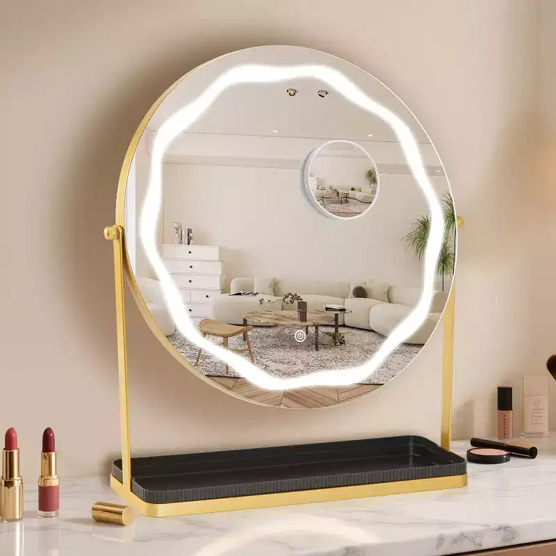 Specchio Trucco con 19 LED, Illuminazione Dimmerabile a 3 Colori, Controllo Smart Touch, Rotazione 360°, Supporto Regolabile e Vano Portaoggetti